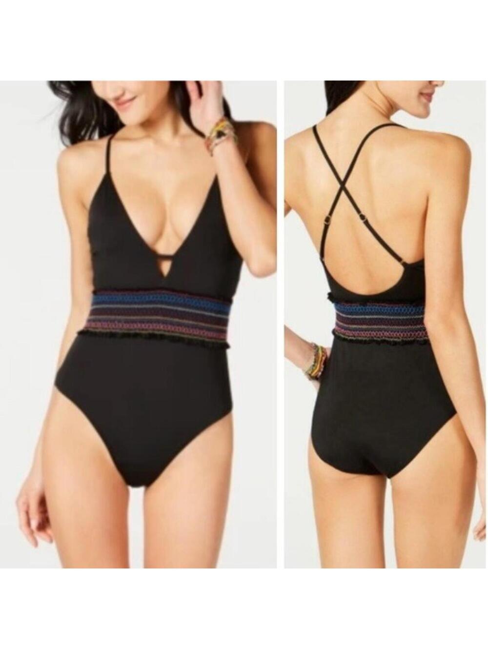 2892 Bar III Boho Smocked Embroidered Deep V  One Piece Swimsuit BLACK sz M nwot